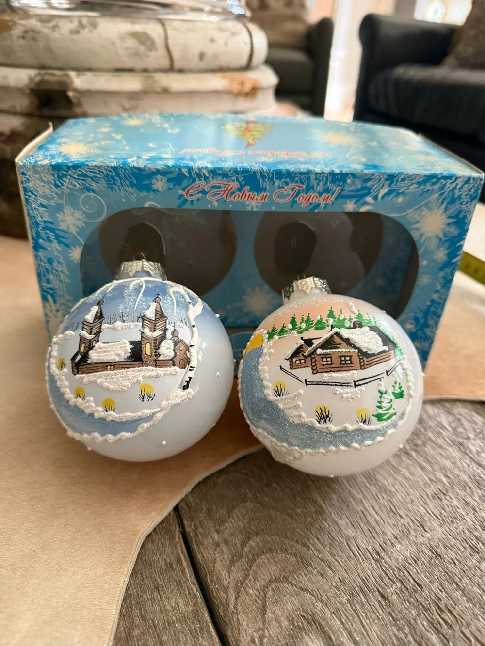 Vintage NIB Russian Glass Hand-painted Ornaments Set of 2